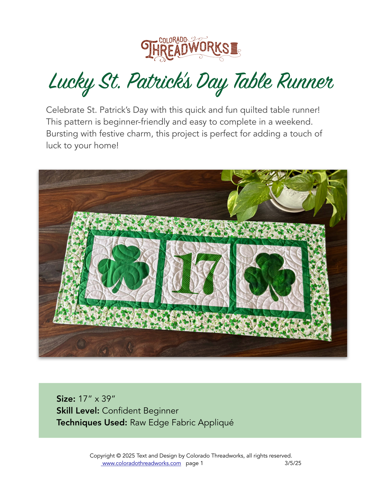 Lucky St. Patrick's Day Table Runner Pattern | Shamrock Table Runner Pattern | Instant Download PDF | St. Patty's Day Runner Pattern