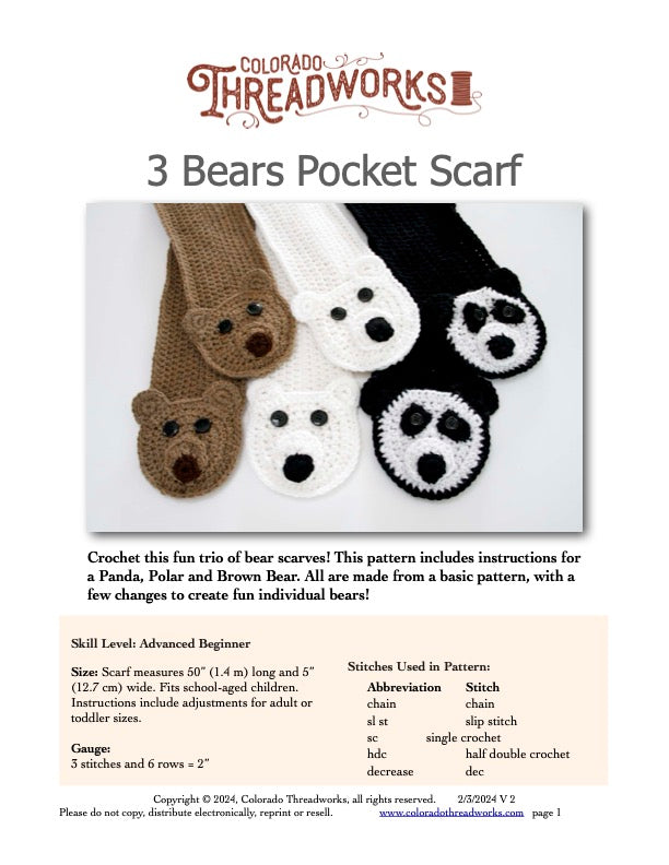 3 Bears Pocket Crochet Scarf Pattern