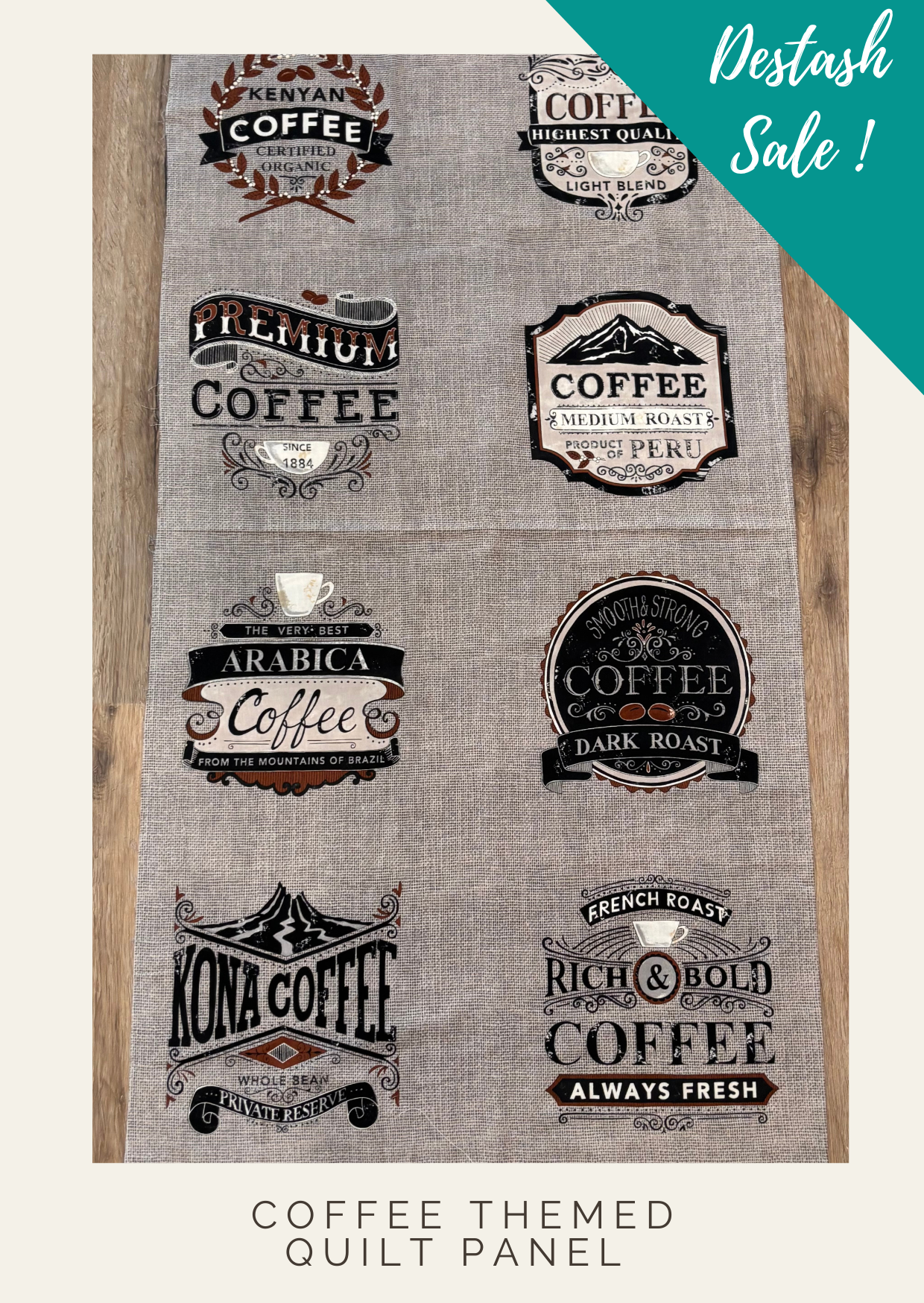 Brew Coffee Quilt Panel - Taupe - Destash Sale!